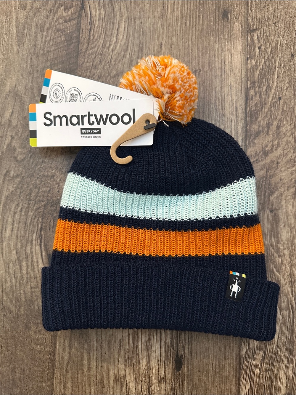 Smartwool 55% Merino Wool Stripe Pom Beanie Kids Hat Deep Navy